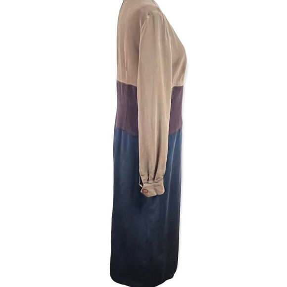 Vintage 90’s Pat Argenti Silk Neutral Colorblock Midi Dress M - Picture 5 of 8